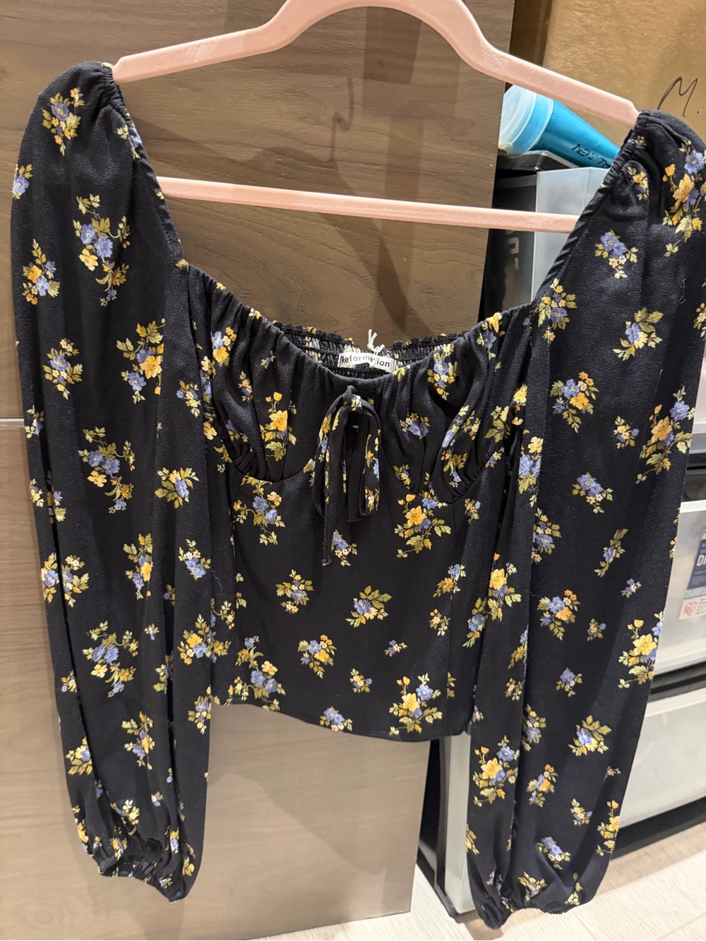 Reformation Black Floral Tie-Front Off-Shoulder Crop Top